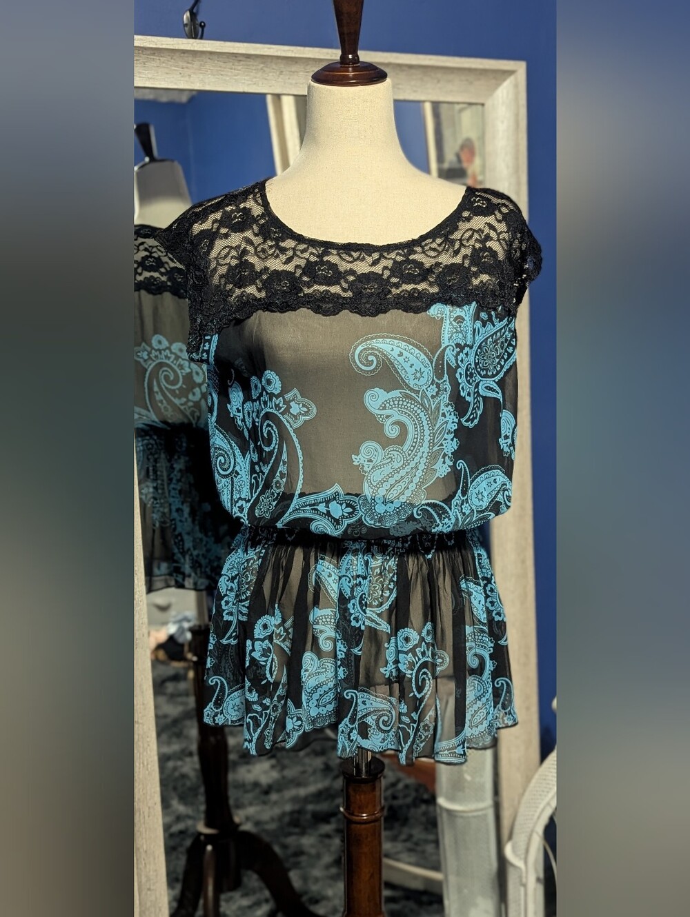 Maurices Black Lace-Yoke Sheer Top with Turquoise Paisley